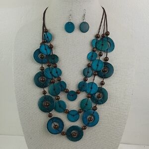 Teal Green & Brown Beaded 3-Tiered Wooden Necklace Set